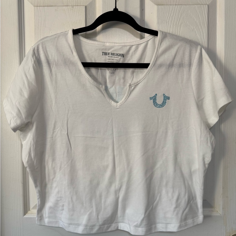 True Religion White Short Sleeve V-Notch Tee with Blue Logo
